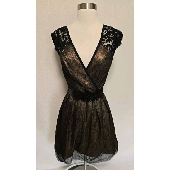 Vera Wang Lavender Label Dress Size 6 Gold Metallic with Black Lace - Picture 2 of 10